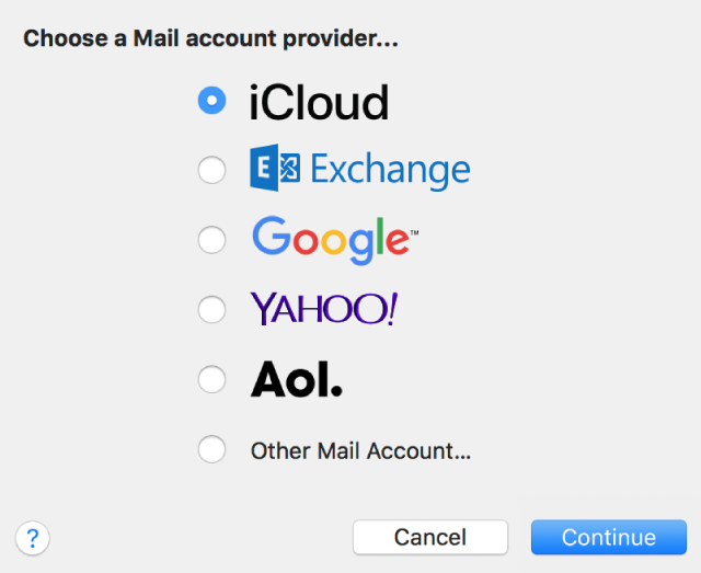 The dialog to choose an email account type, showing iCloud, Exchange, Google, Yahoo, AOL, and Other Mail Account.