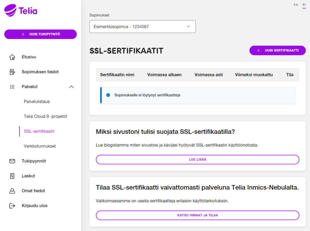 MyNebula: Tyhjä lista SSL-sertifikaateista